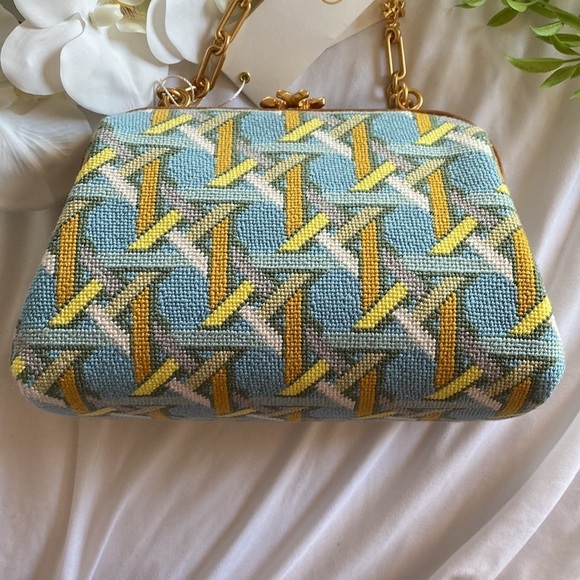 Tory Burch Cleo Basketweave Blue Caning Logo Geo Needlepoint Small Bag - Picture 6 of 15